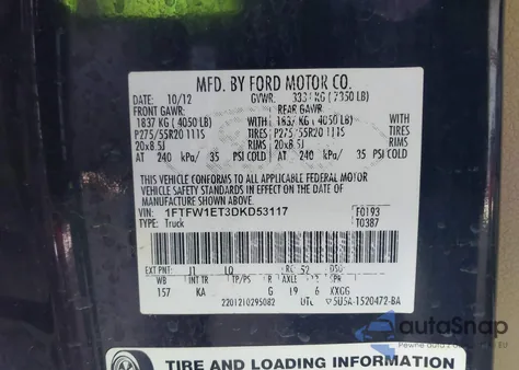 2013 Ford F-150 King Ranch z USA, uszkodzony, nr VIN 1FTFW1ET3DKD53117